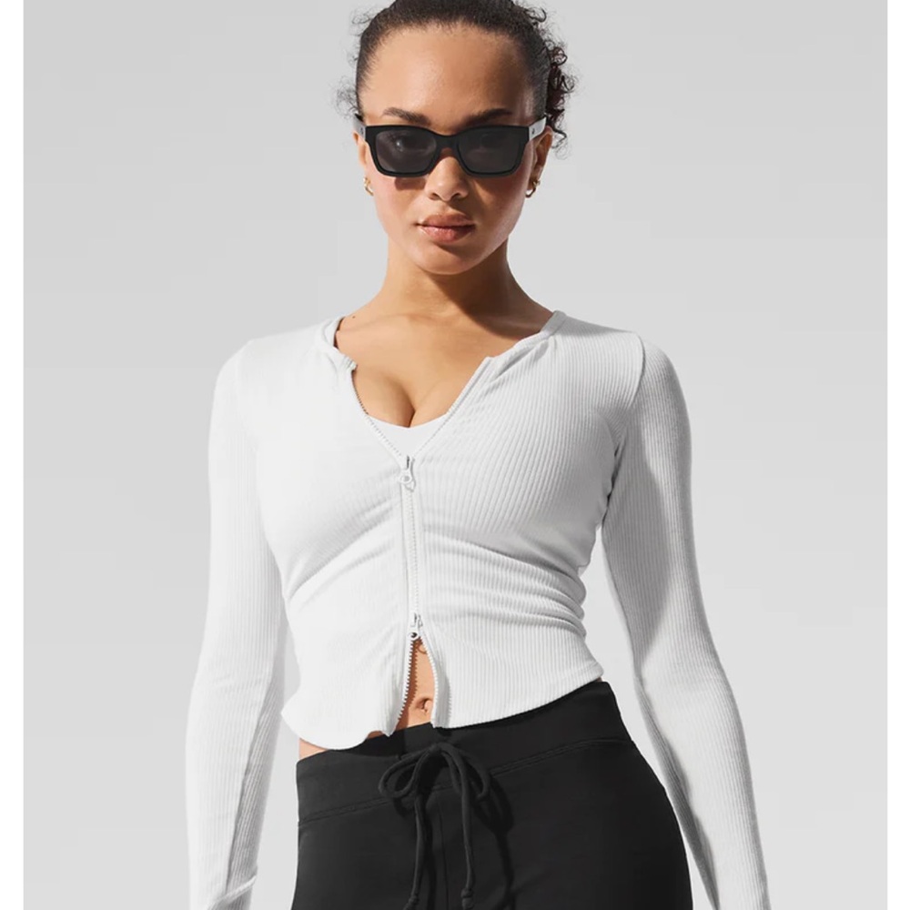 ALO Yoga White Ribbed Long Sleeve Zip Front Top